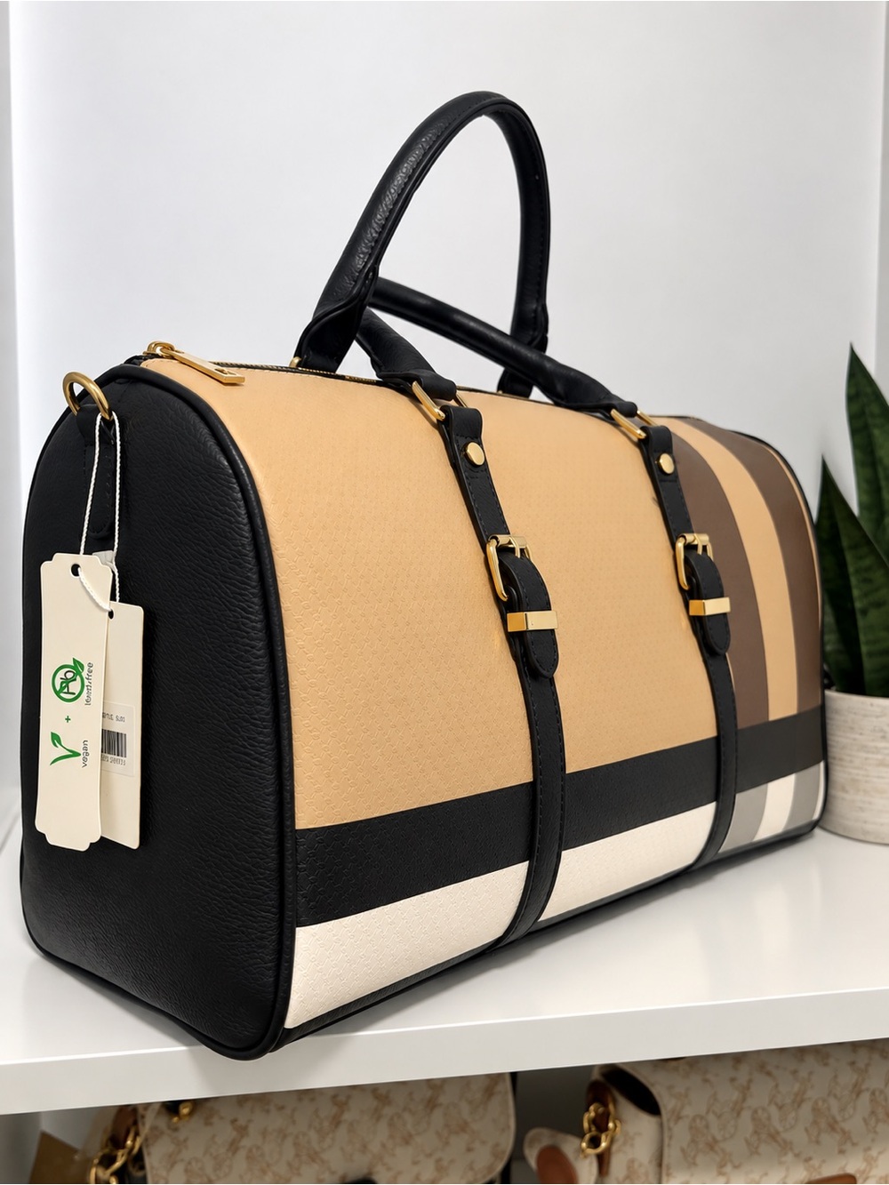 Stylish Striped Travel Duffle Bag - Black & Tan